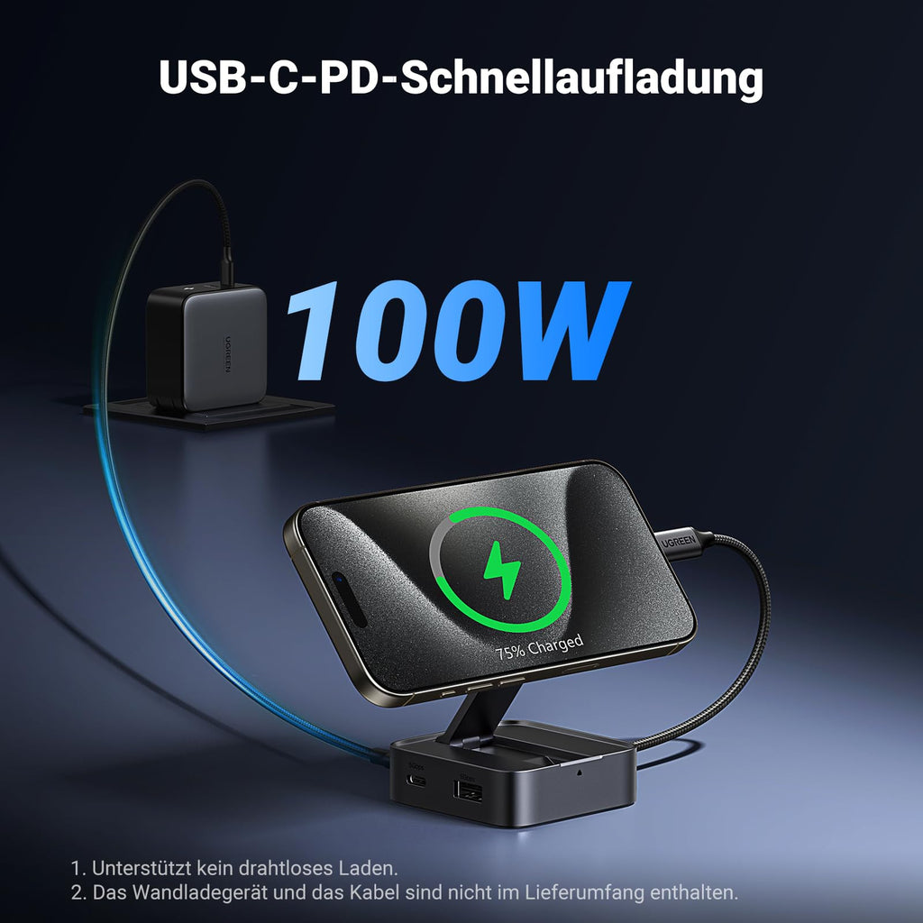 UGREEN Magnetischer USB-C Hub (4-in-1, Faltbarer, 5Gbps, 4K60Hz, 100W) unterstützt als docking station eine schnelle 100W USB-C-PD-Aufladung für effizientes Energie-Management.