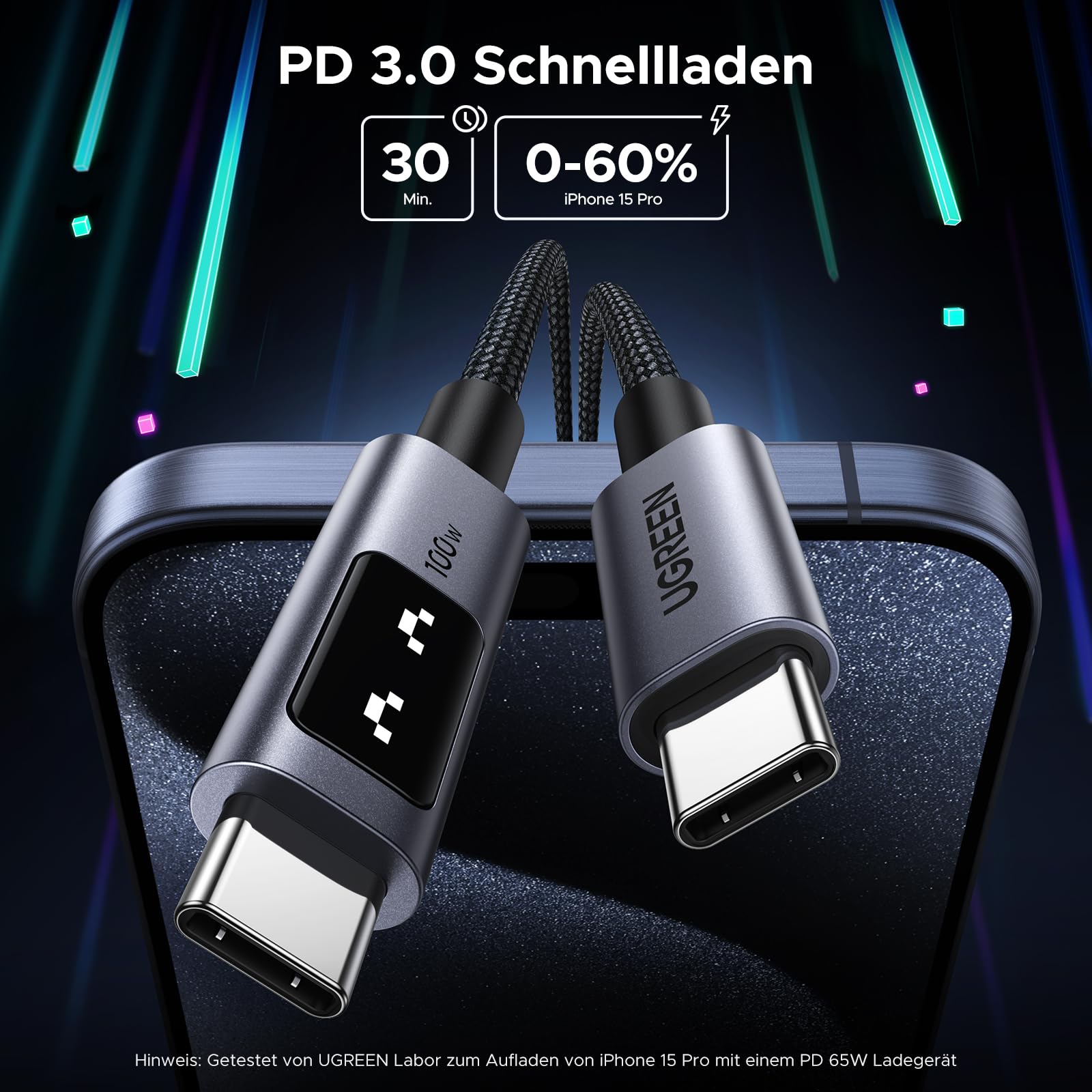 UGREEN UNO USB-C Kabel 100W (3m) – PD 3.0, PPS, 480 Mbps – Für IPhone, MacBook, Galaxy, IPad, Steam Deck