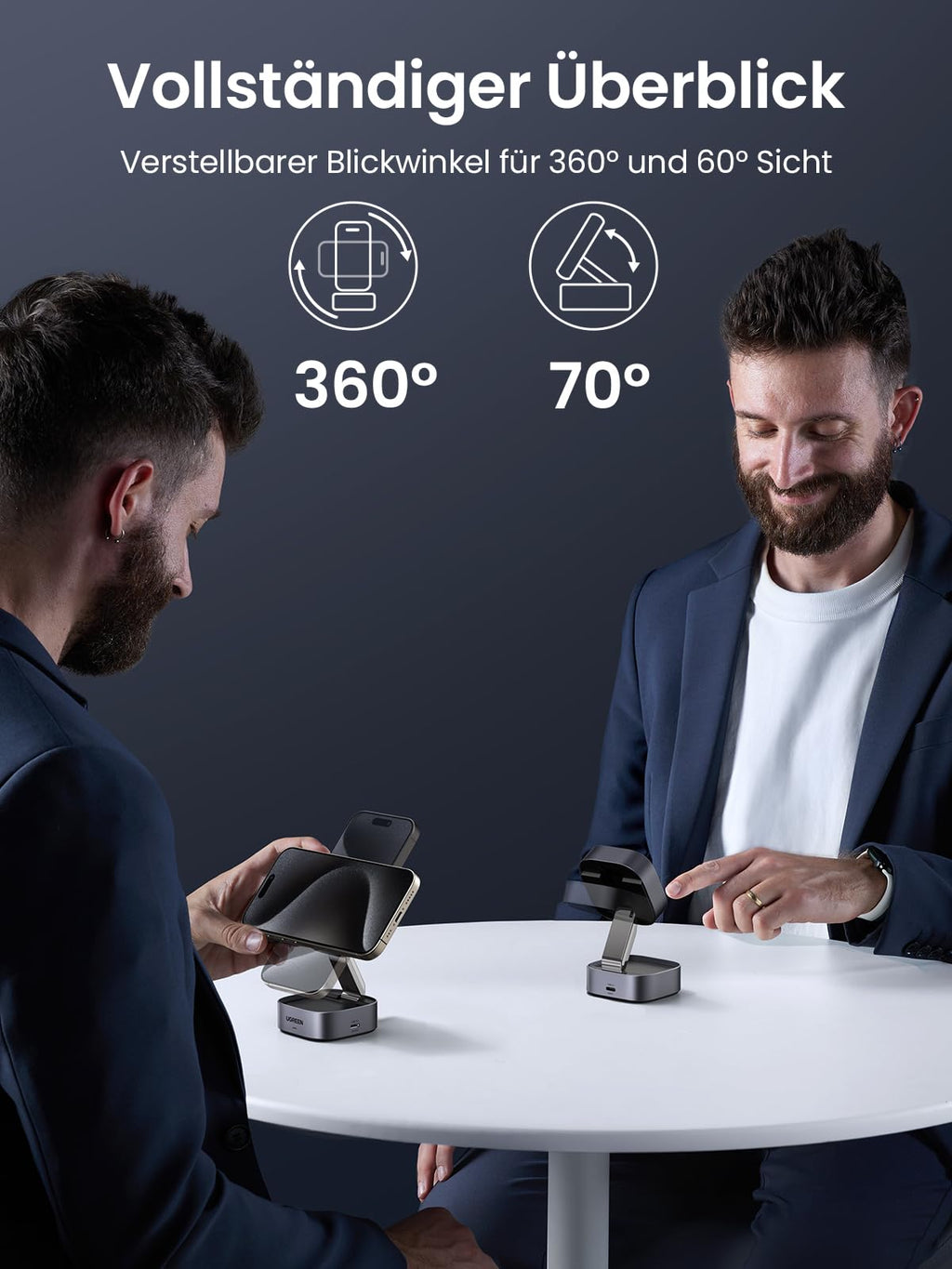 UGREEN MagFlow 2-in-1 kabelloses Ladegerät, vollständig MagSafe-kompatibel, mit starker magnetischer Ausrichtung und verstellbaren Blickwinkeln bis zu 360° horizontal und 70° vertikal, unterstützt Qi2 15W kabelloses Laden für flexible und bequeme Nutzung der Geräte.