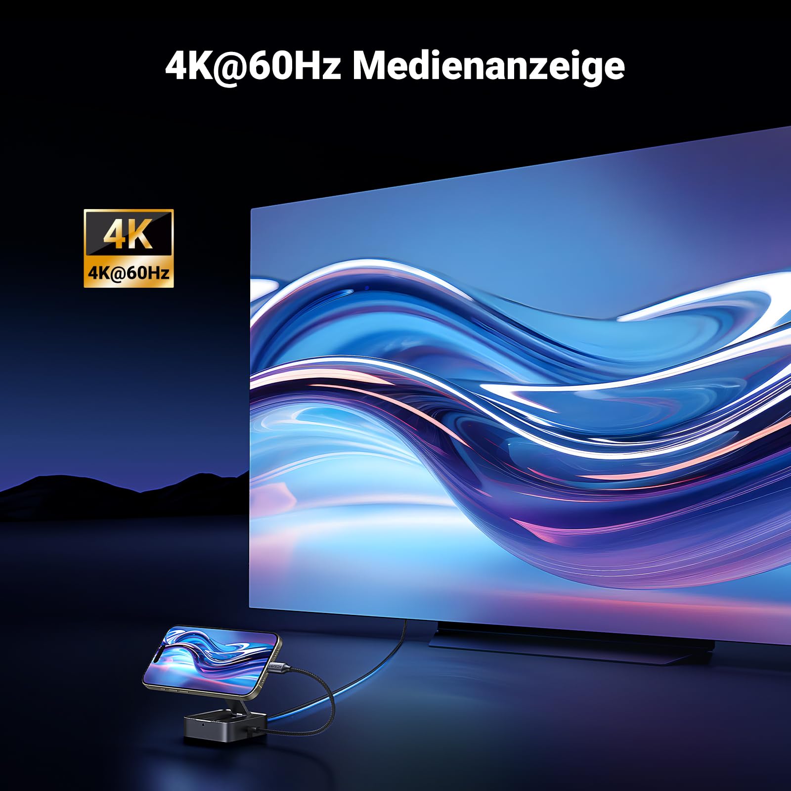 UGREEN Magnetischer USB-C Hub (4-in-1, Faltbarer, 5Gbps, 4K60Hz, 100W) liefert als docking station eine klare 4K@60Hz Medienanzeige für detailreiche Wiedergabe auf großen Displays.
