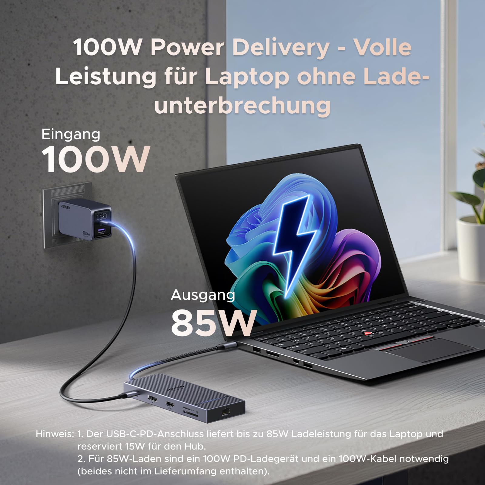 UGREEN Revodok Pro Dockingstation als usb-hub mit 100W Power Delivery Eingang und 85W Laptop-Ausgang, ermöglicht unterbrechungsfreies Arbeiten während des Ladens.