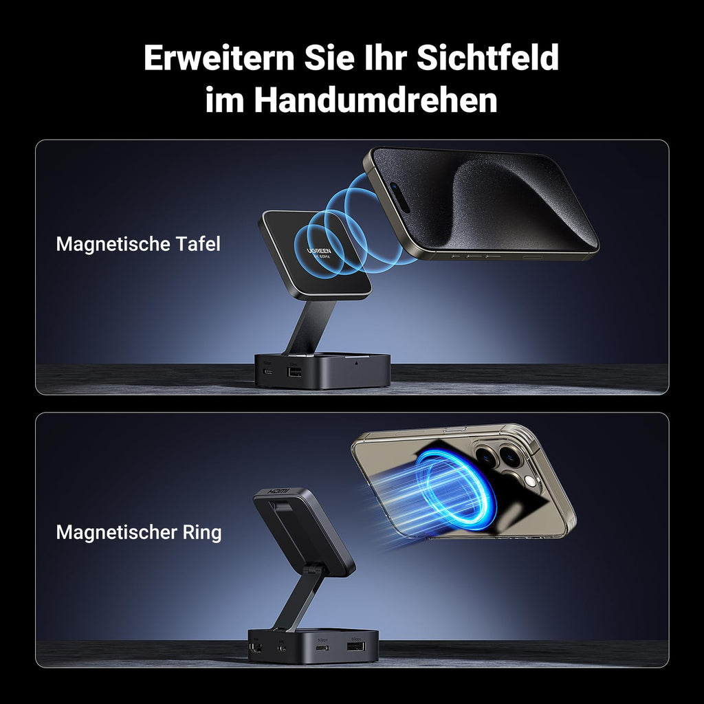 UGREEN Magnetischer USB-C Hub (4-in-1, Faltbarer, 5Gbps, 4K60Hz, 100W) ermöglicht als docking station eine flexible Smartphone-Ausrichtung dank magnetischer Tafel und magnetischem Ring.