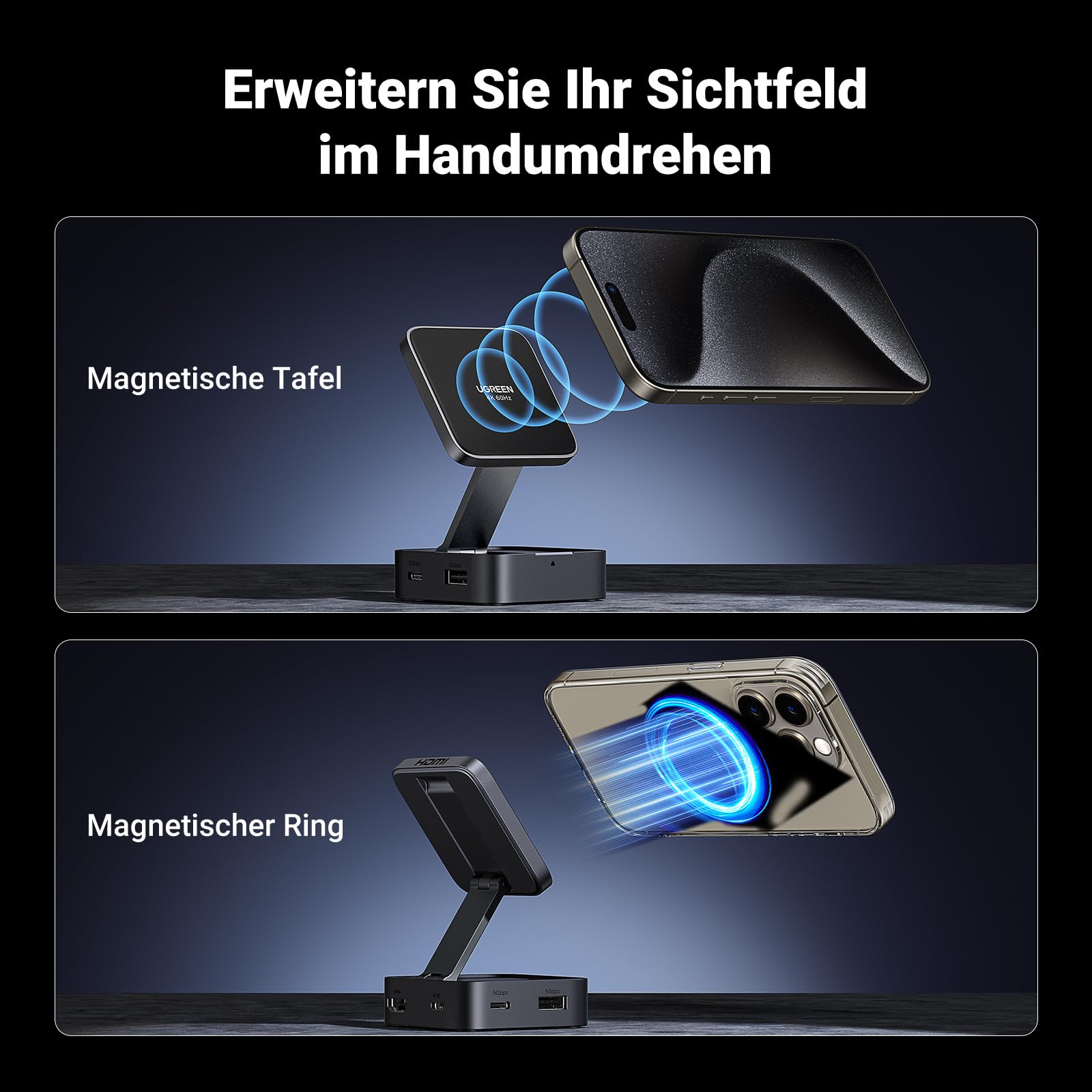 UGREEN Magnetischer USB-C Hub (4-in-1, Faltbarer, 5Gbps, 4K60Hz, 100W) ermöglicht als docking station eine flexible Smartphone-Ausrichtung dank magnetischer Tafel und magnetischem Ring.