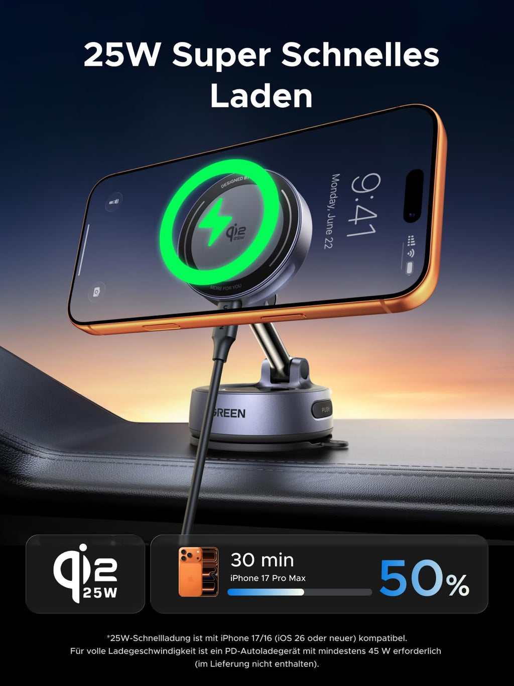 UGREEN Magflow Qi2 25W Autohalterung mit Ladefunktion, MagSafe-Kompatibel