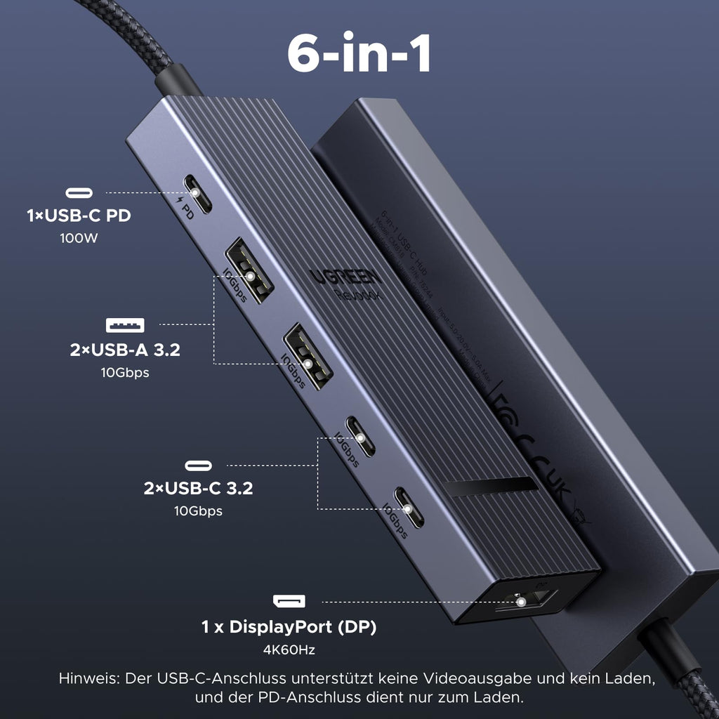UGREEN Revodok Pro 1062 Dockingstation (6 Ports, 4K@60Hz, 10Gbps, 100W) als USB-C-Hub mit DisplayPort, USB-C- und USB-A-Anschlüssen sowie Power Delivery.