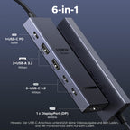 UGREEN Revodok Pro 1062 Dockingstation (6 Ports, 4K@60Hz, 10Gbps, 100W) als USB-C-Hub mit DisplayPort, USB-C- und USB-A-Anschlüssen sowie Power Delivery.