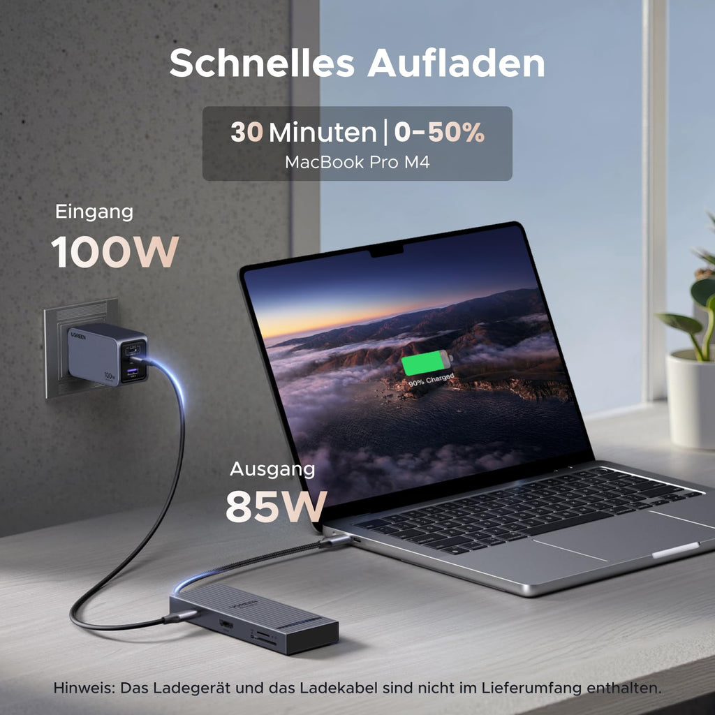 Dank USB-C Power Delivery mit bis zu 100W Eingang und 85W Ausgang versorgt die UGREEN Revodok Pro USB-C Hub dockingstation den Laptop zuverlässig mit Strom während des Arbeitens.