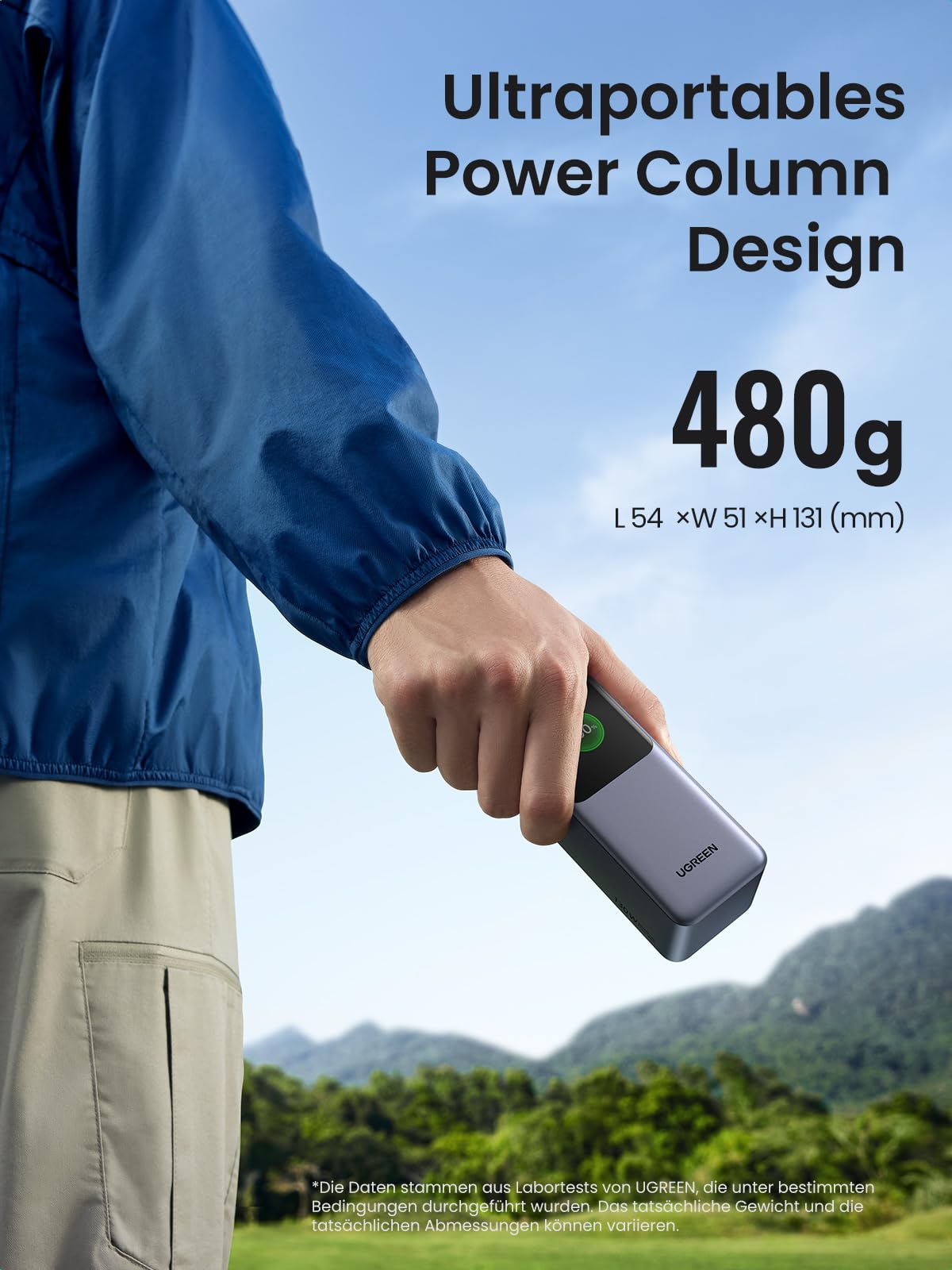 UGREEN Nexode Powerbank 20000mAh 130W zeigt als powerbank ein ultraportables Power-Column-Design mit nur 480 g sowie kompakten Abmessungen von 54 × 51 × 131 mm.
