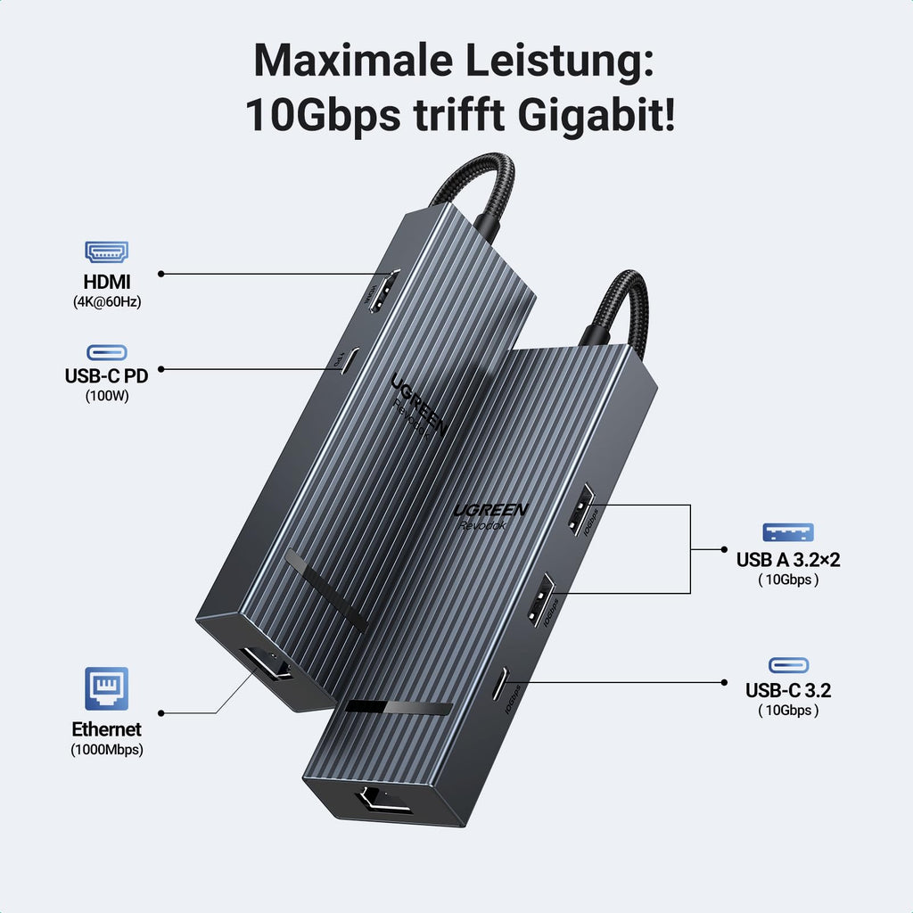 UGREEN Revodok Pro USB-C 3.2 Hub (10 Gbps HDMI 4K@60Hz), Maximale Leistung: 10Gbps trifft Gigabit