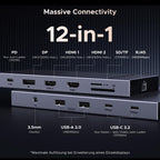 UGREEN Revodok Pro Dockingstation (12-in-1, Triple Display 4K@60Hz, 100W) bietet als USB-C-Hub zwölf vielseitige Anschlüsse wie PD, DP, HDMI, SD/TF und RJ45 für umfassende Konnektivität.