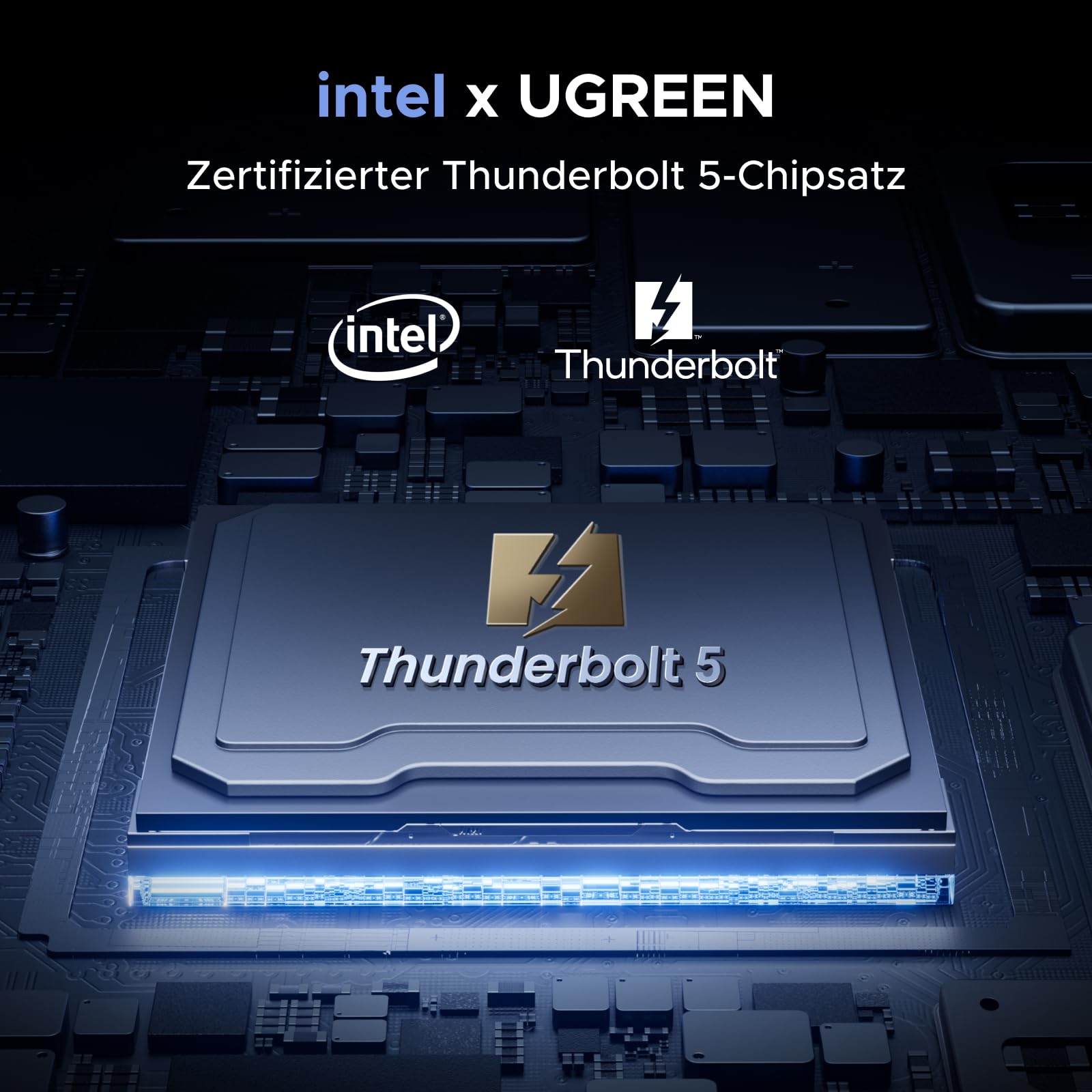 Die UGREEN Revodok Max 2131 Dockingstation (13-in-1, 140W, Thunderbolt 5) nutzt als leistungsstarker USB-Hub einen von Intel zertifizierten Thunderbolt-5-Chipsatz für maximale Stabilität, Geschwindigkeit und Kompatibilität.
