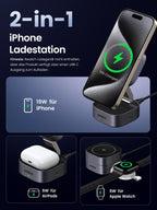 UGREEN MagFlow 2-in-1 kabelloses Ladegerät für Apple-Geräte, vollständig MagSafe-kompatibel, liefert Qi2 15W kabelloses Laden für iPhone und 5W Laden für AirPods mit starker magnetischer Ausrichtung für sicheres und effizientes Laden von zwei Geräten gleichzeitig.