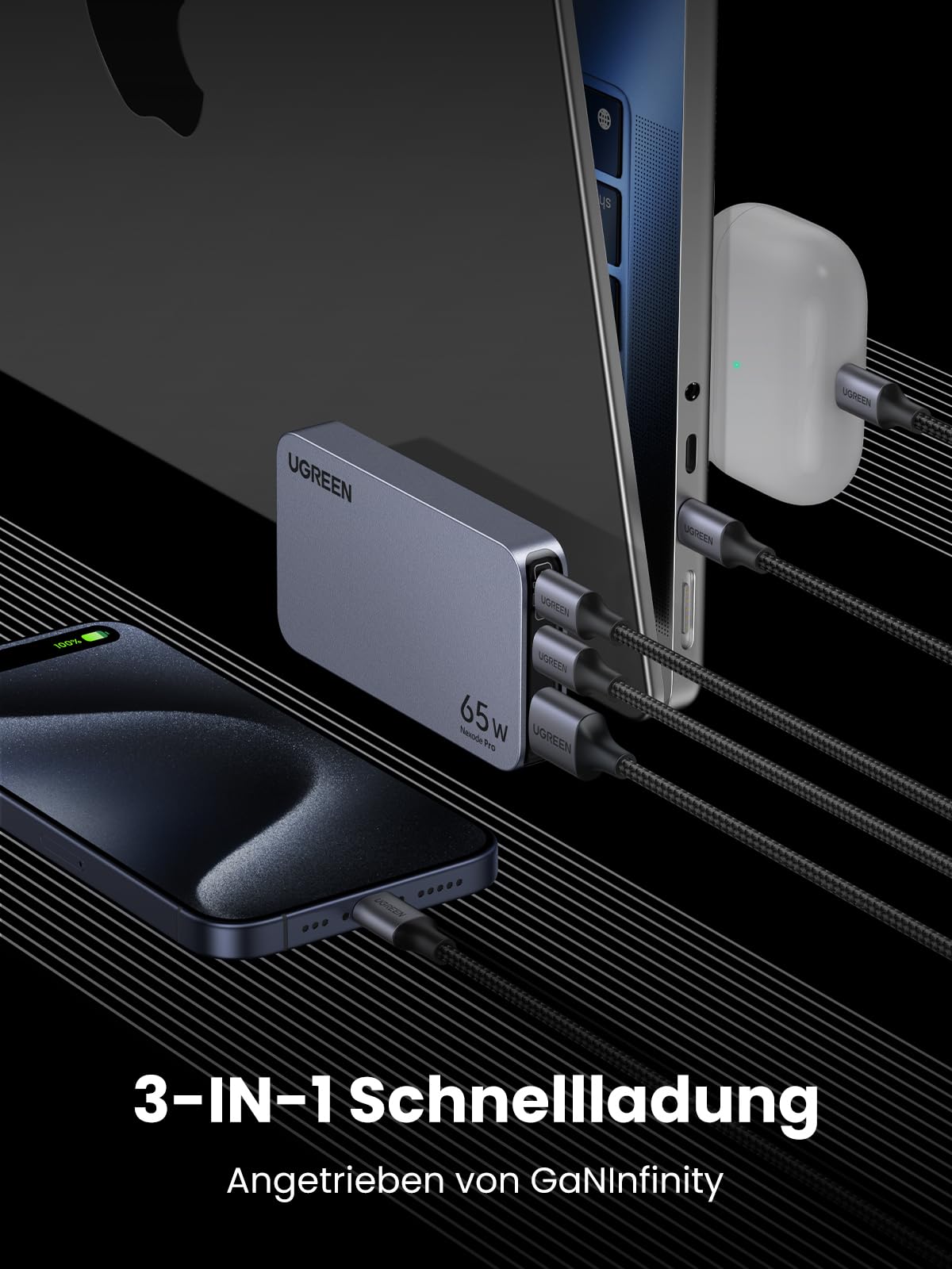 UGREEN Nexode Pro Ultra-Slim USB-C Ladegerät (65W, 3-Ports, GaN)