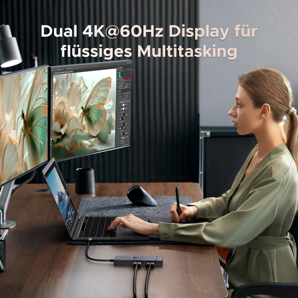 Der UGREEN Revodok Pro USB-C Hub (10Gbps, 7-IN-1, Dual 4K@60Hz) ermöglicht als leistungsstarker usb-hub die gleichzeitige Ausgabe von zwei 4K-@60Hz-Displays und sorgt für ein flüssiges, detailreiches Multitasking-Erlebnis.