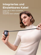 UGREEN Nexode 65W Reiseladegerät mit ausziehbarem USB-C-Kabel – kompaktes Reiseladegerät mit integriertem Kabel, ausziehbar bis zu 69 cm, bietet bis zu 60 W Leistung beim Ausziehen.