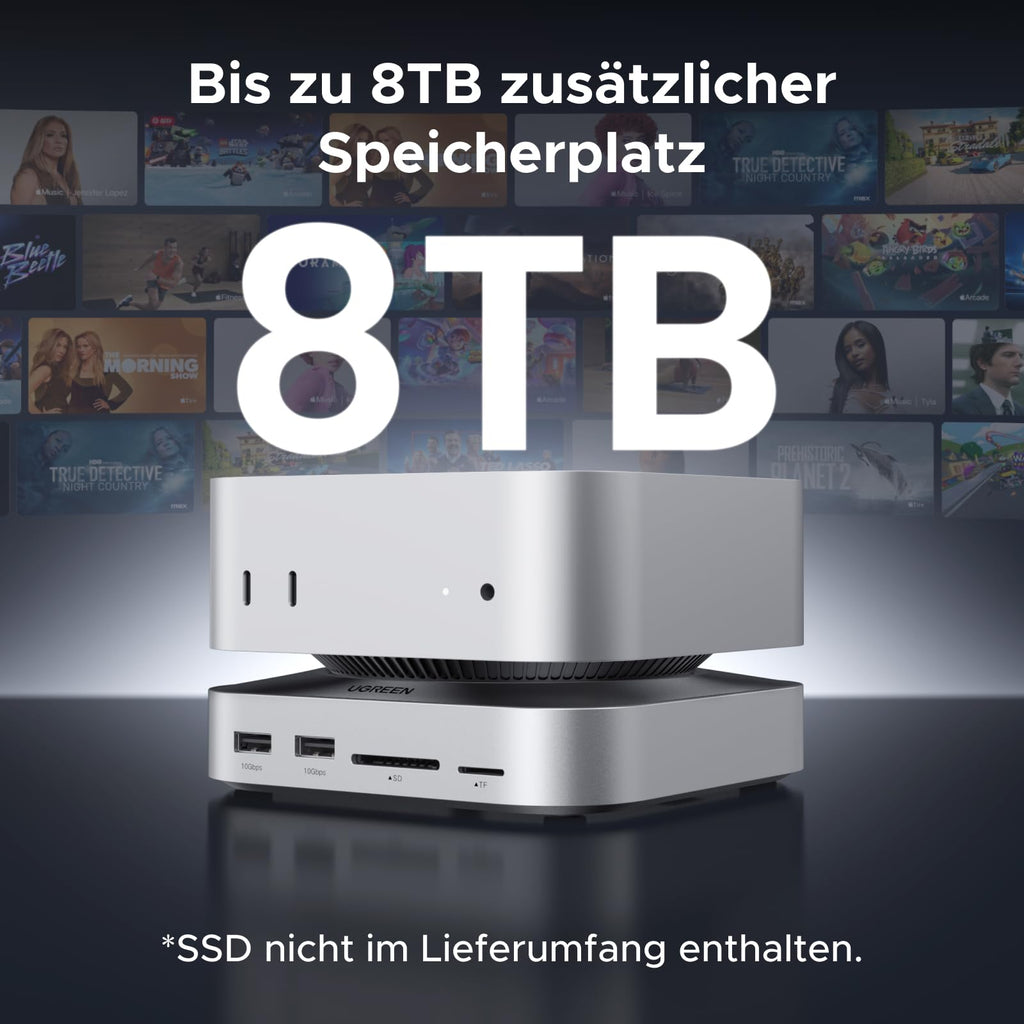 Die UGREEN Mac mini M4 Dockingstation ermöglicht als USB-C-Hub eine Speichererweiterung von bis zu 8 TB über eine integrierte M.2-NVMe-SSD-Schnittstelle und verwandelt den Mac mini M4 in eine leistungsstarke Desktop-Workstation (SSD nicht im Lieferumfang enthalten).