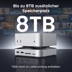 Die UGREEN Mac mini M4 Dockingstation ermöglicht als USB-C-Hub eine Speichererweiterung von bis zu 8 TB über eine integrierte M.2-NVMe-SSD-Schnittstelle und verwandelt den Mac mini M4 in eine leistungsstarke Desktop-Workstation (SSD nicht im Lieferumfang enthalten).