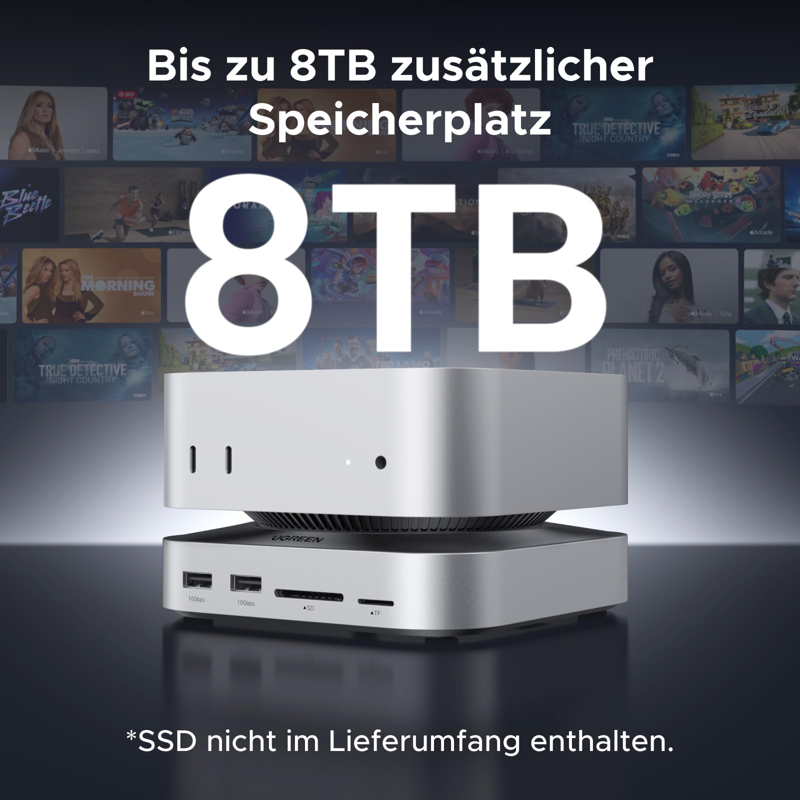 Die UGREEN Mac mini M4 Dockingstation ermöglicht als USB-C-Hub eine Speichererweiterung von bis zu 8 TB über eine integrierte M.2-NVMe-SSD-Schnittstelle und verwandelt den Mac mini M4 in eine leistungsstarke Desktop-Workstation (SSD nicht im Lieferumfang enthalten).