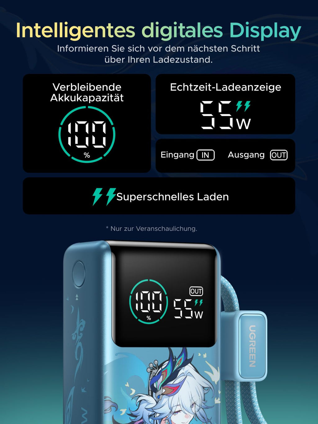 UGREEN x Honkai: Star Rail Edition Power Bank 10000mAh 55W (249g), Cyan | mit 22cm integriertem Kabel, Mi Turbo Charge für Xiaomi, 45W PD Schnellladung Kompatibel mit iPhone, für Reisen
