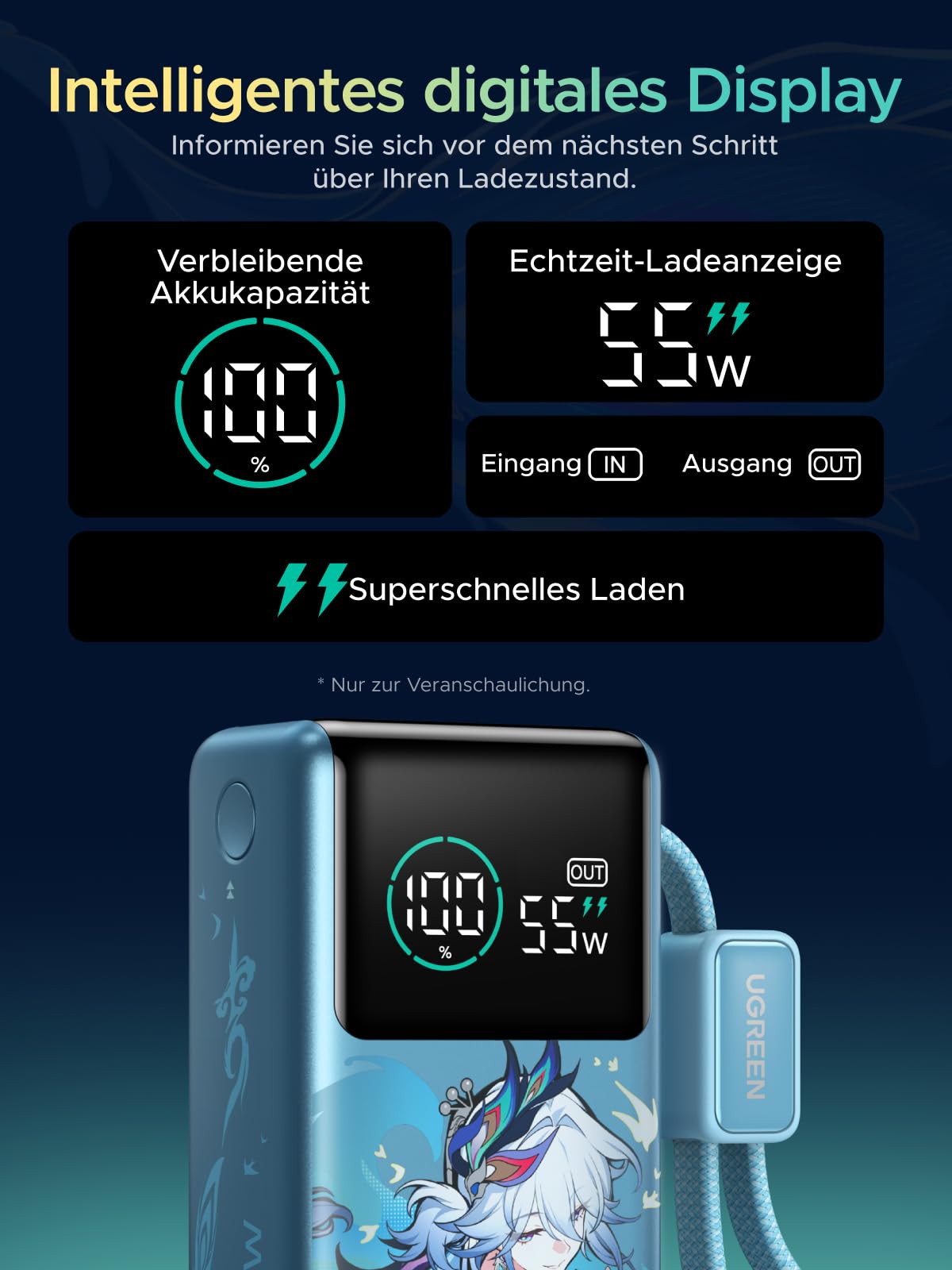 UGREEN x Honkai: Star Rail Edition Power Bank 10000mAh 55W (249g), Cyan | mit 22cm integriertem Kabel, Mi Turbo Charge für Xiaomi, 45W PD Schnellladung Kompatibel mit iPhone, für Reisen