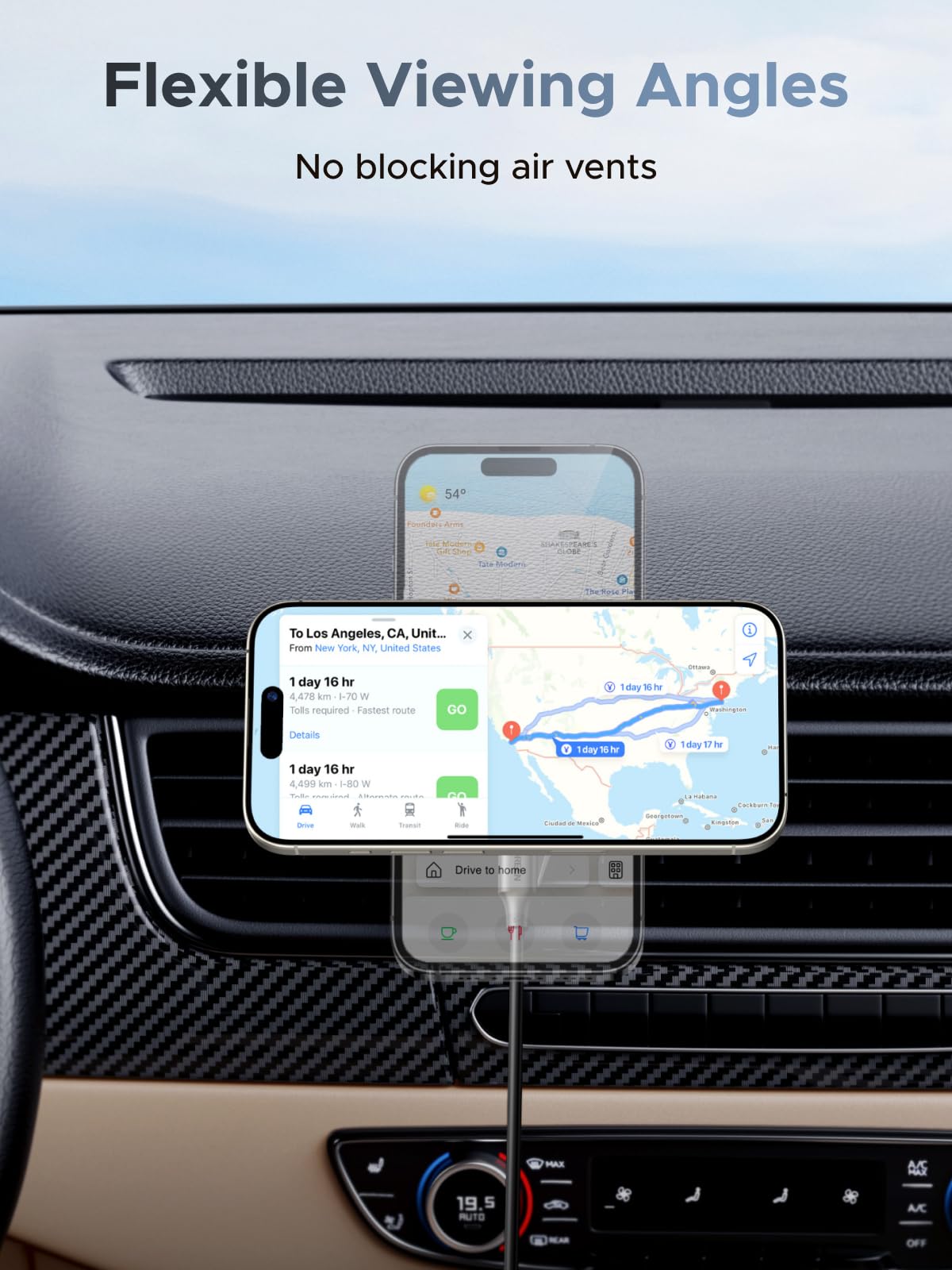 Flexible Betrachtungswinkel mit dem UGREEN MagFlow 2-in-1 Magnetisches Kabelloses Auto-Ladegerät (Qi2 25W, MagSafe-kompatibel), einem wireless charger, der das Sichtfeld frei hält und Lüftungsschlitze nicht blockiert