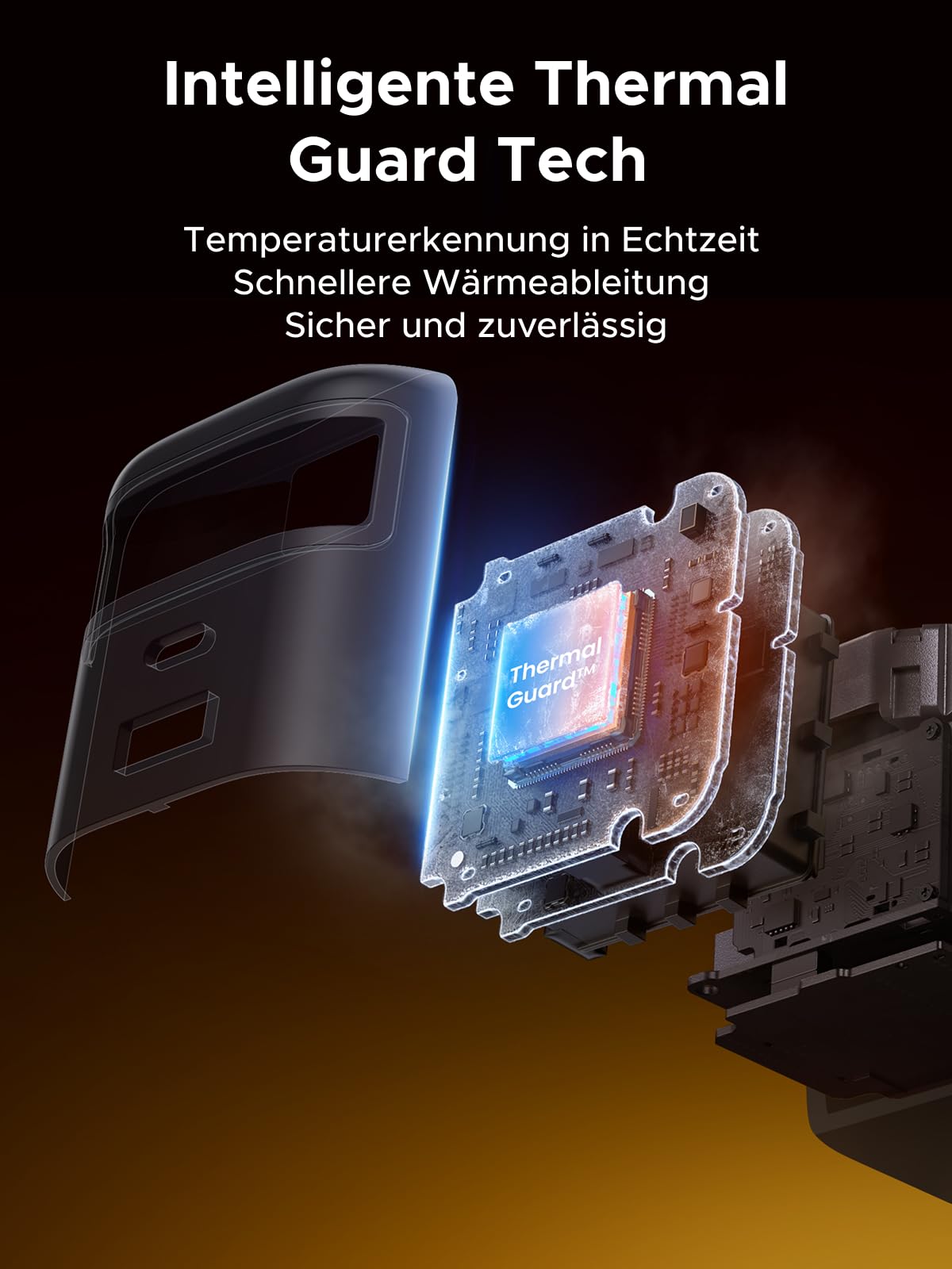 UGREEN Nexode 65W Reiseladegerät mit ausziehbarem USB-C-Kabel – Reiseladegerät mit Echtzeit-Temperaturerkennung für sichere, schnelle Wärmeableitung und zuverlässige Ladeleistung unterwegs.
