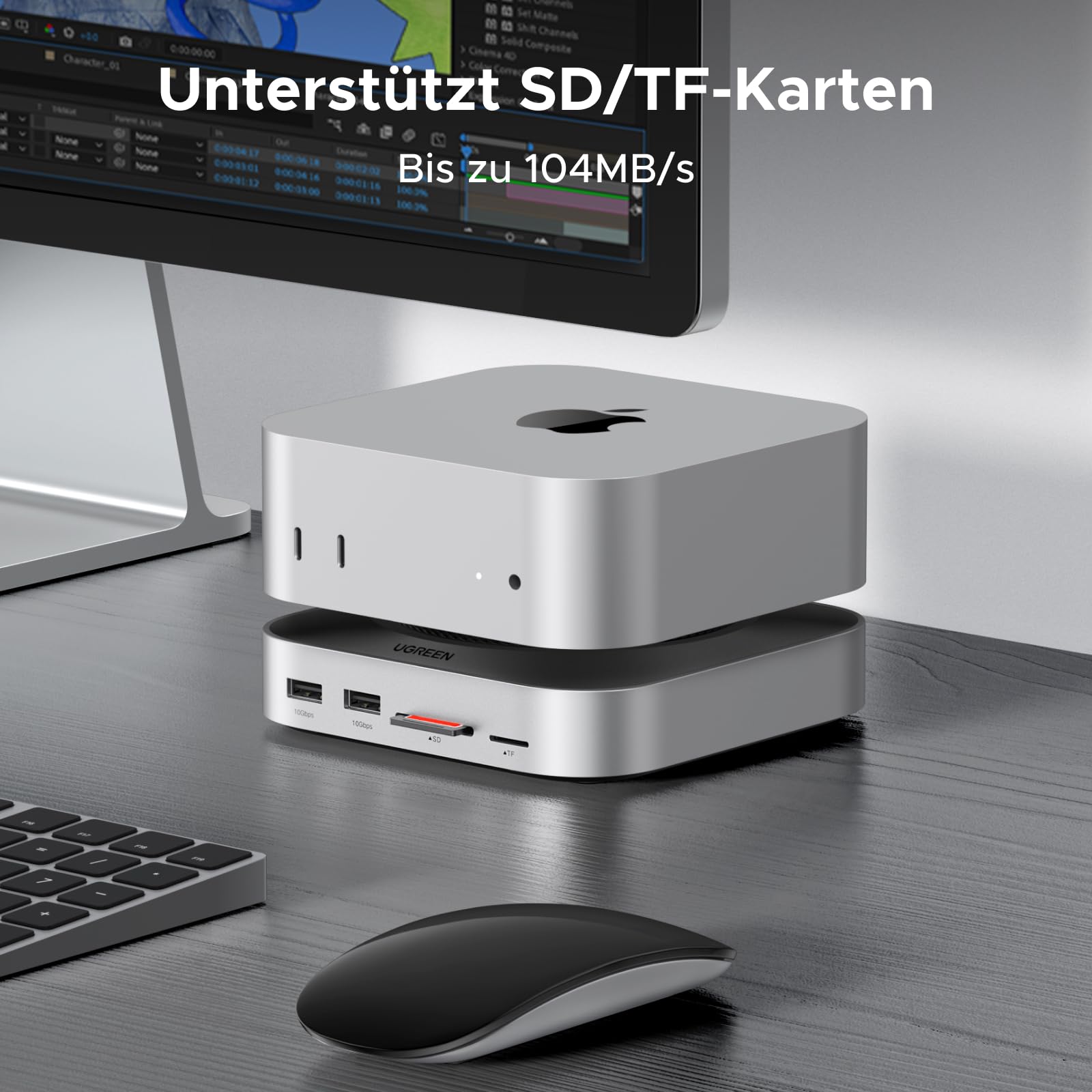 Der integrierte SD- und TF-Kartenleser der UGREEN Mac mini M4 Dockingstation unterstützt Datenübertragungen bis zu 104 MB/s und ermöglicht als USB-C-Hub einen schnellen Zugriff auf Speicherkarten für Fotografen und Content-Creator.
