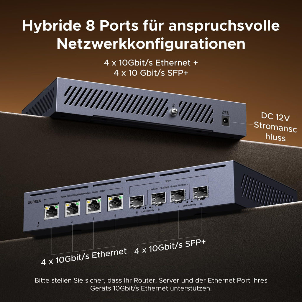 UGREEN LAN Switch mit 4X 10G RJ45+4X 10G SFP+, 10G Netzwerk Switch