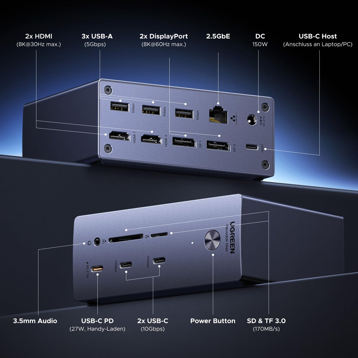 UGREEN DisplayLink Docking Station, 4K/8K Quad Display, 150W Netzteil