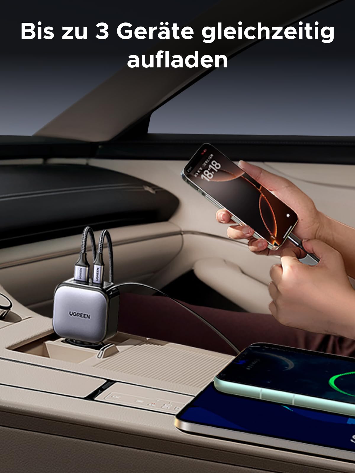 UGREEN Nexode Auto-Ladegerät 90W mit ausziehbarem USB-C-Kabel unterstützt das gleichzeitige Aufladen von bis zu 3 Geräten und verteilt intelligent die Leistung über integriertes 60W-Kabel, 7.5W USB-C und 7.5W USB-A für effizientes Laden unterwegs.