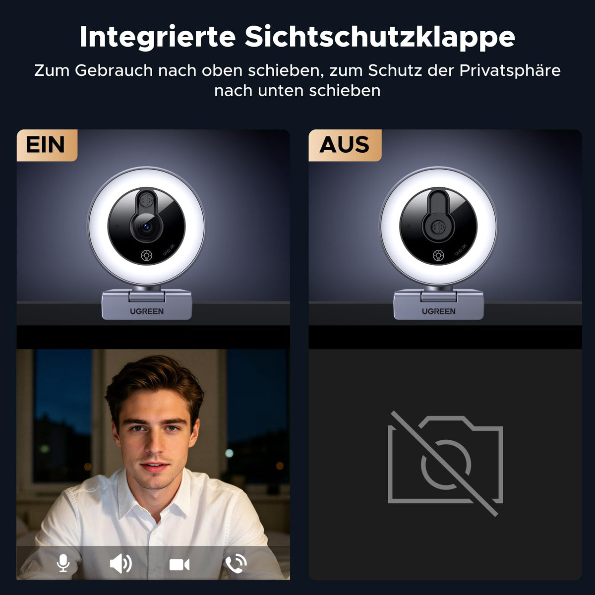 UGREEN 4K Webcam mit Ringlicht, Autofokus, Objektivdeckel, 6 Lichtstufen