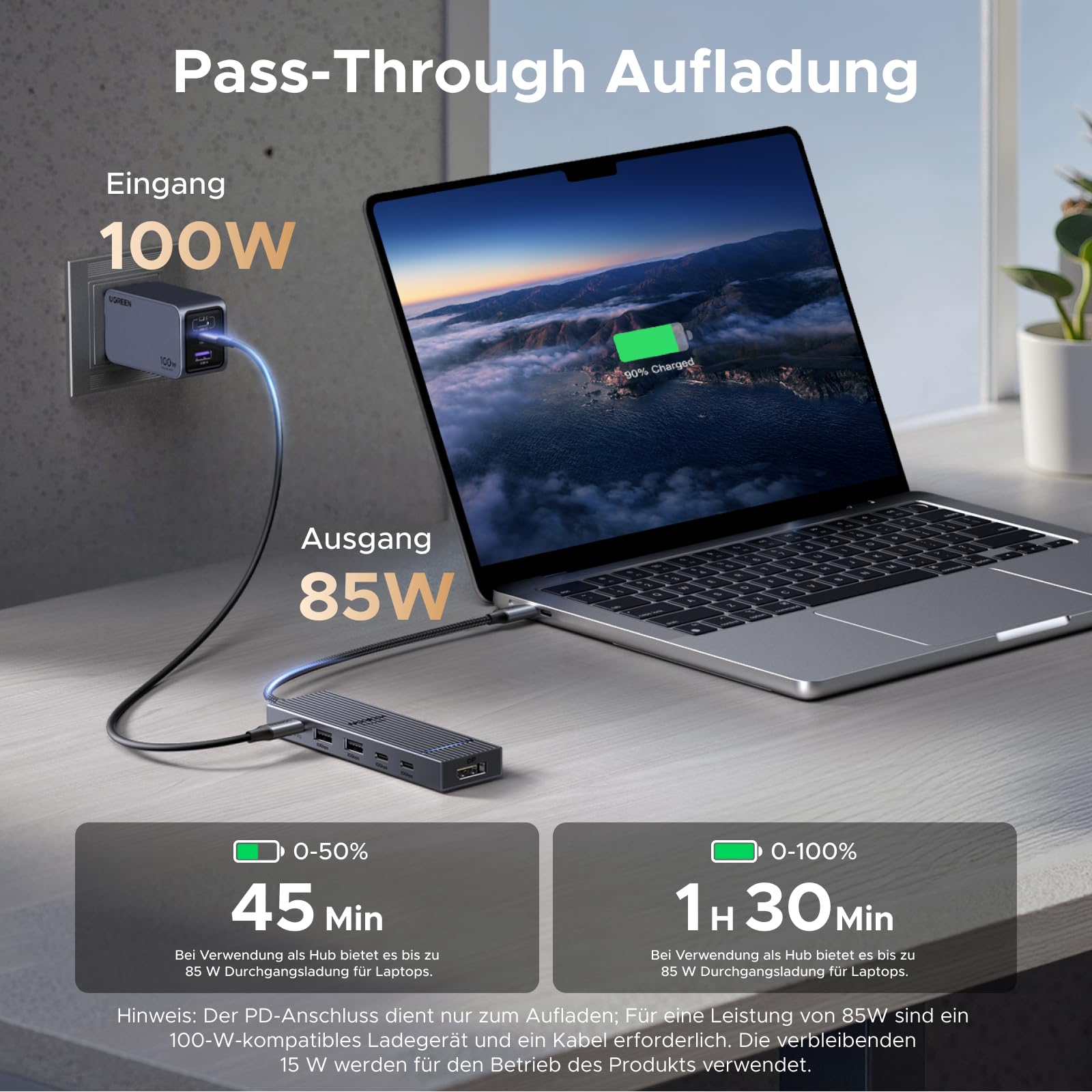 UGREEN Revodok Pro 1062 Dockingstation (6 Ports, 4K@60Hz, 10Gbps, 100W) unterstützt als USB-C-Hub 100W Power Delivery mit bis zu 85W Ausgangsleistung.