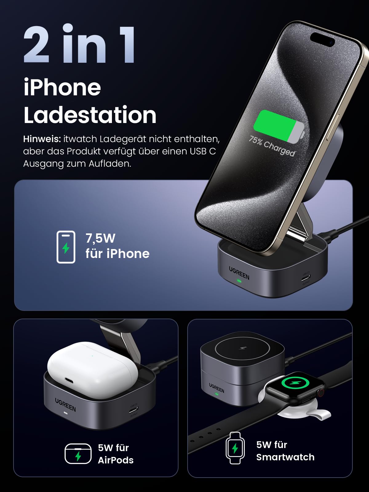UGREEN MagFlow 2-in-1 kabelloses Ladegerät für Apple-Geräte, vollständig MagSafe-kompatibel, liefert Qi2 15W kabelloses Laden für iPhone und 5W Laden für AirPods mit starker magnetischer Ausrichtung für sicheres und effizientes Laden von zwei Geräten gleichzeitig.