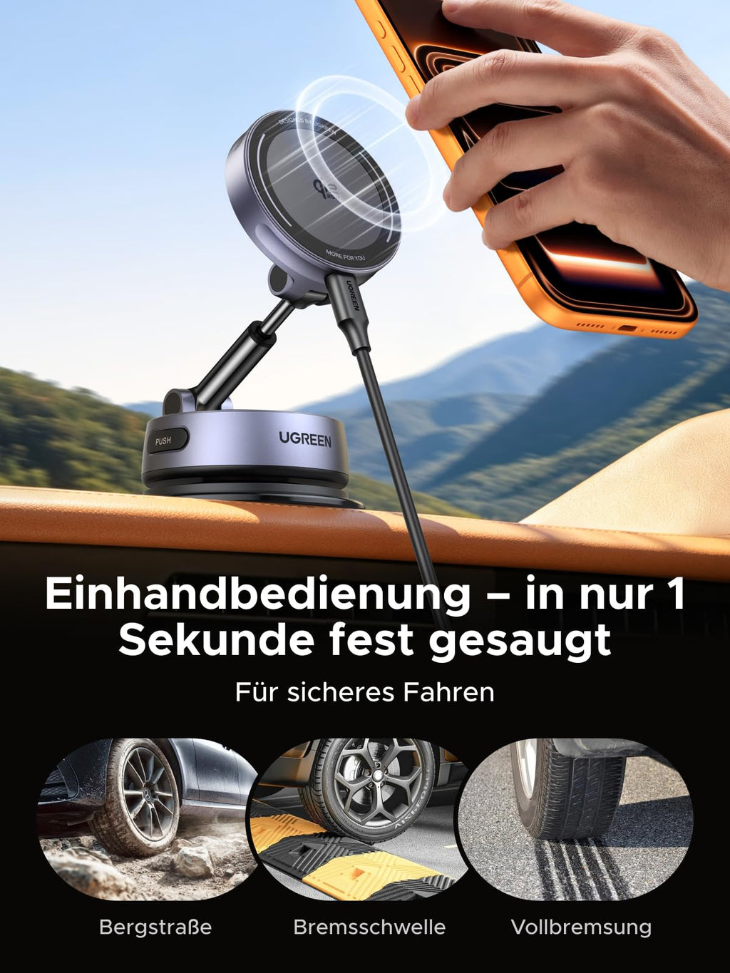 UGREEN Magflow Qi2 25W Autohalterung mit Ladefunktion, MagSafe-Kompatibel