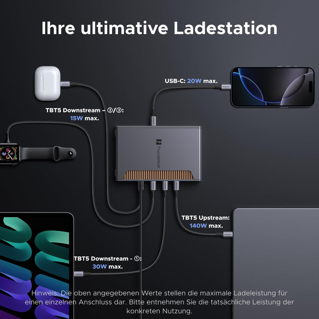 Die UGREEN Revodok Max 2131 Dockingstation (13-in-1, 140W, Thunderbolt 5) dient als leistungsstarker USB-Hub und vielseitige Ladestation, die über Thunderbolt-5-Upstream bis zu 140 W sowie über USB-C und TB5-Downstream weitere Geräte mit hoher Leistung versorgen kann.