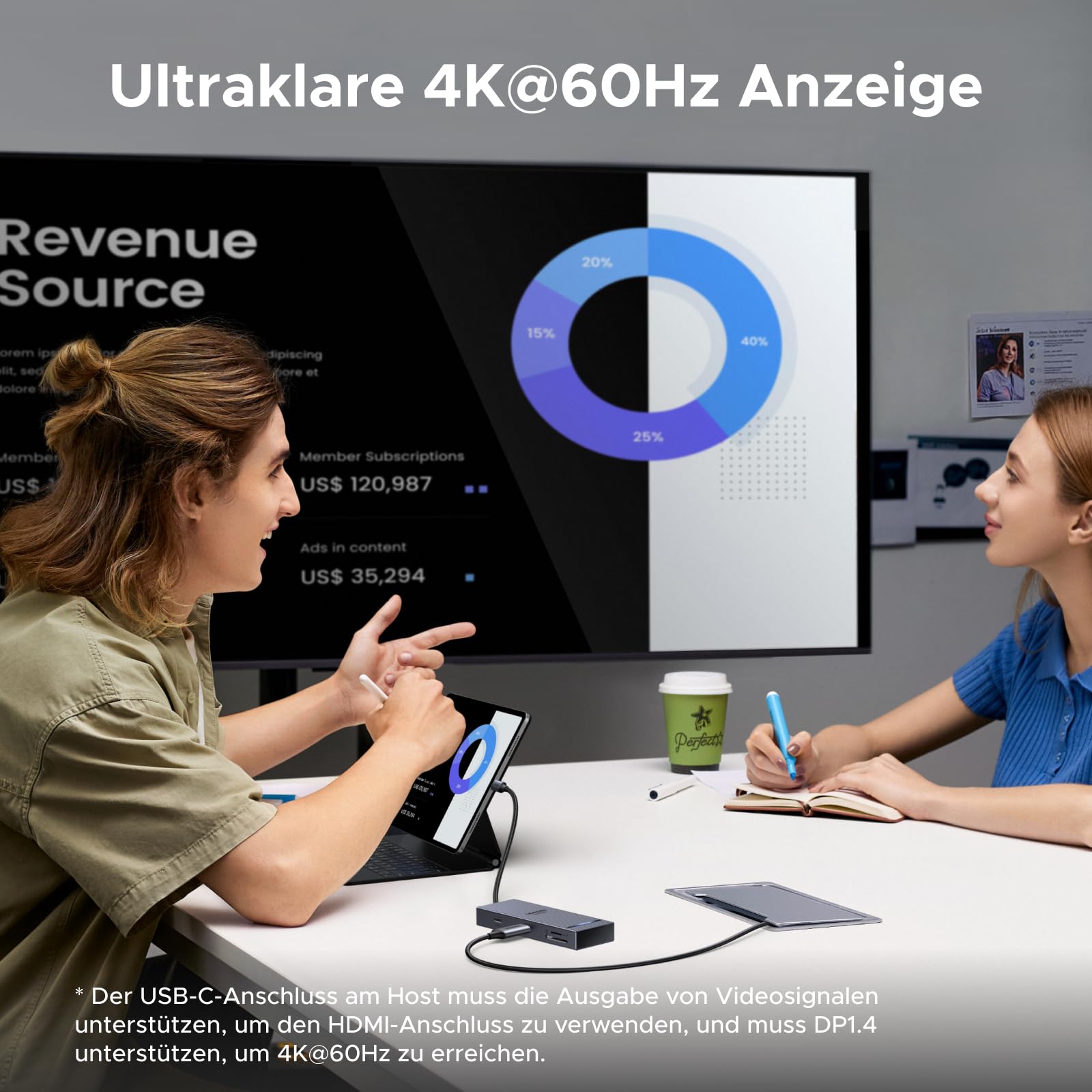 Die UGREEN Revodok Pro USB-C Hub (8-in-1, 10Gbps, 4K@60Hz) wird als dockingstation genutzt und unterstützt eine ultraklare 4K@60Hz Anzeige für Präsentationen, Meetings und kreatives Arbeiten.