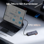 Der integrierte SD- und Micro-SD-Kartenleser der UGREEN Revodok Pro USB-C Hub dockingstation ermöglicht mit bis zu 170 MB/s einen schnellen Zugriff auf Foto- und Videodateien.
