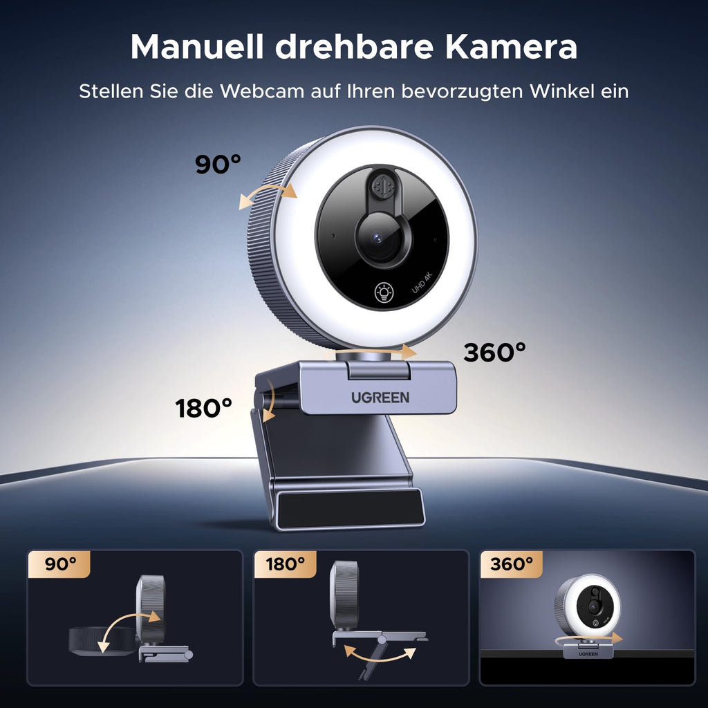UGREEN 4K Webcam mit Ringlicht, Autofokus, Objektivdeckel, 6 Lichtstufen