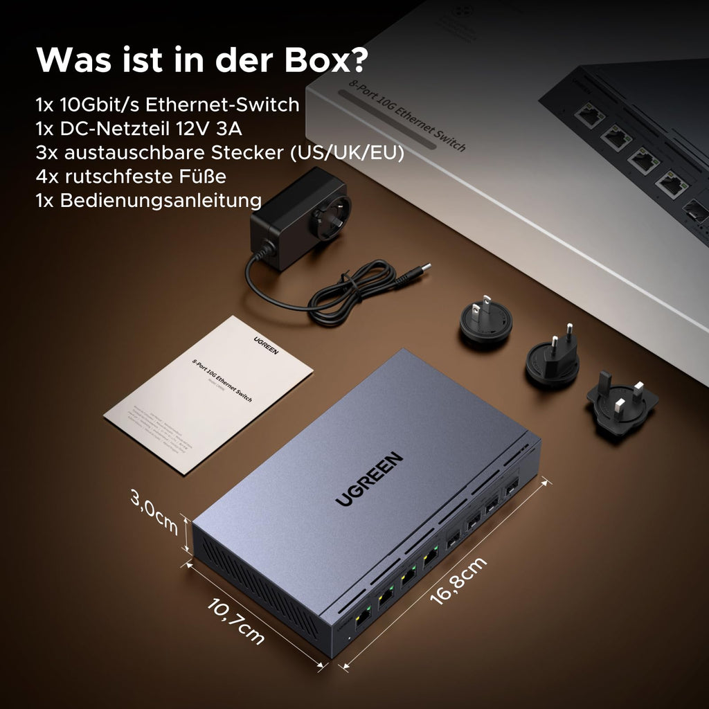 UGREEN LAN Switch mit 4X 10G RJ45+4X 10G SFP+, 10G Netzwerk Switch
