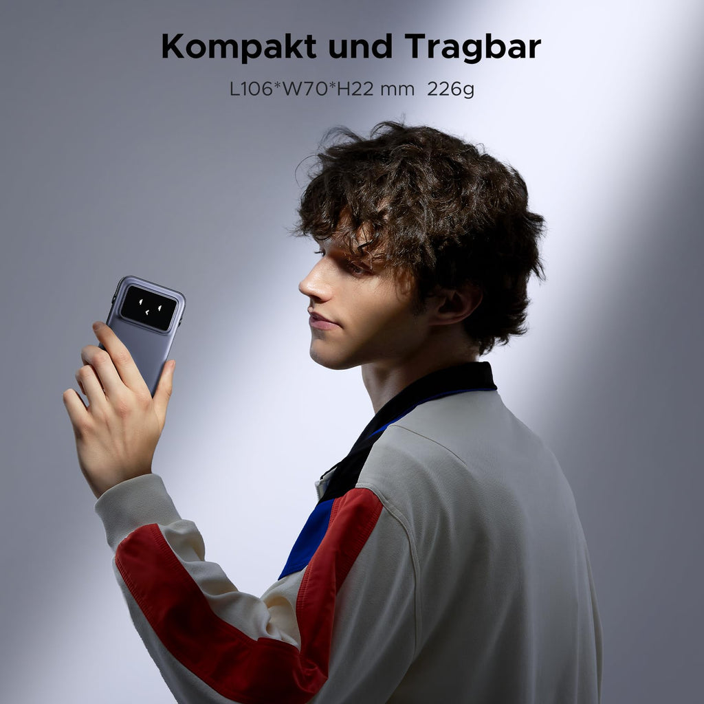 UGREEN Uno Magnetische Kabellose Powerbank (10000mAh, 7.5W, MagSafe-kompatibel) ist kompakt und tragbar, mit Abmessungen von 106 × 70 × 22 mm und einem Gewicht von nur 226 g – perfekt für den täglichen Gebrauch und Reisen.