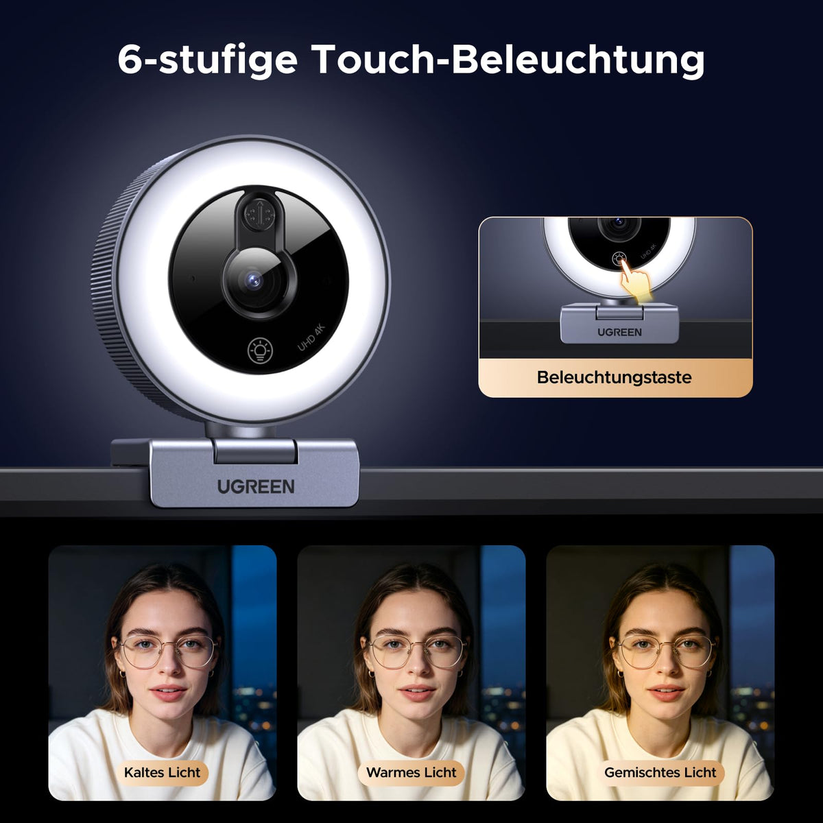 UGREEN 4K Webcam mit Ringlicht, Autofokus, Objektivdeckel, 6 Lichtstufen