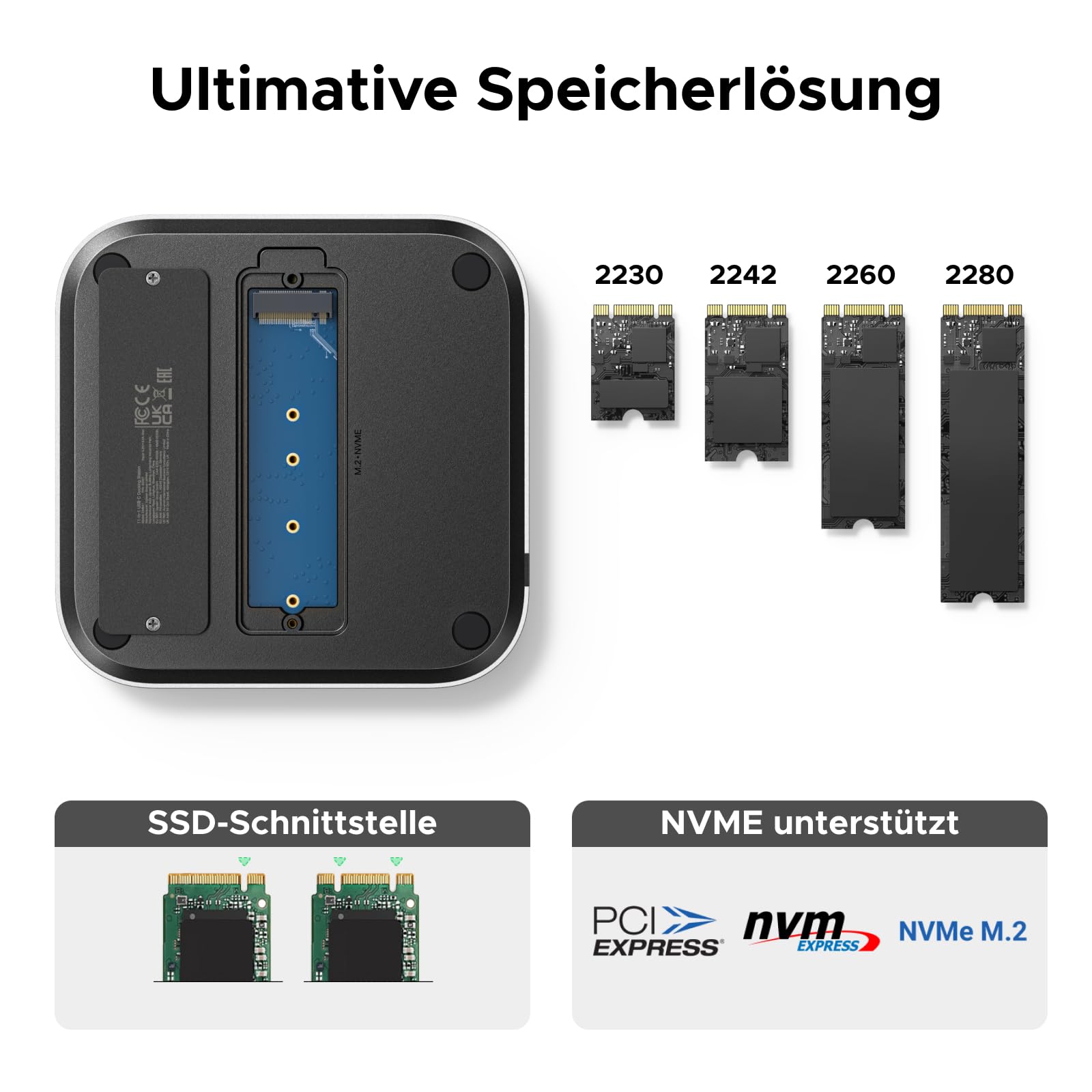 Die Dockingstation unterstützt als USB-C-Hub NVMe-M.2-SSDs der Formate 2230, 2242, 2260 und 2280 und ist mit PCIe-basierter NVMe-Technologie kompatibel, um schnelle Datenübertragungen bis zu 10 Gbps zu ermöglichen.