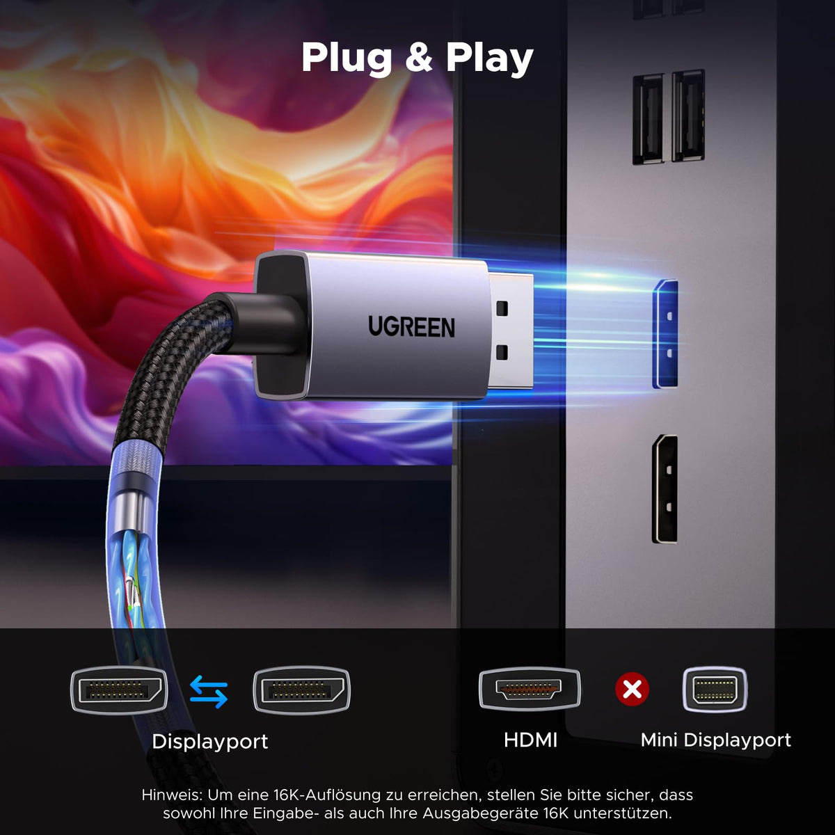 UGREEN 16K Displayport Kabel 2.1 16K 10K 60Hz 8K 120Hz 4K 240Hz 165Hz (5M)