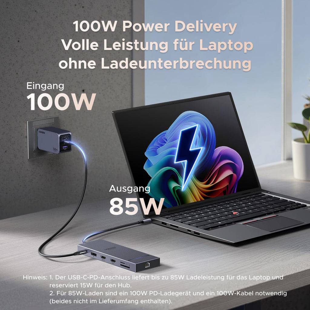 UGREEN Revodok Pro Dockingstation (12-in-1, Triple Display 4K@60Hz, 100W) ermöglicht als USB-C-Hub eine 100W-PD-Eingangsleistung und bis zu 85W Ausgangsleistung für unterbrechungsfreies Laden von Laptops.