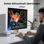 Mit Übertragungsgeschwindigkeiten von bis zu 10 Gbps ermöglicht die UGREEN Mac mini M4 Dockingstation als USB-C-Hub schnelle Datenübertragungen für kreative Workflows wie Foto- und Videobearbeitung oder große Datei-Backups.