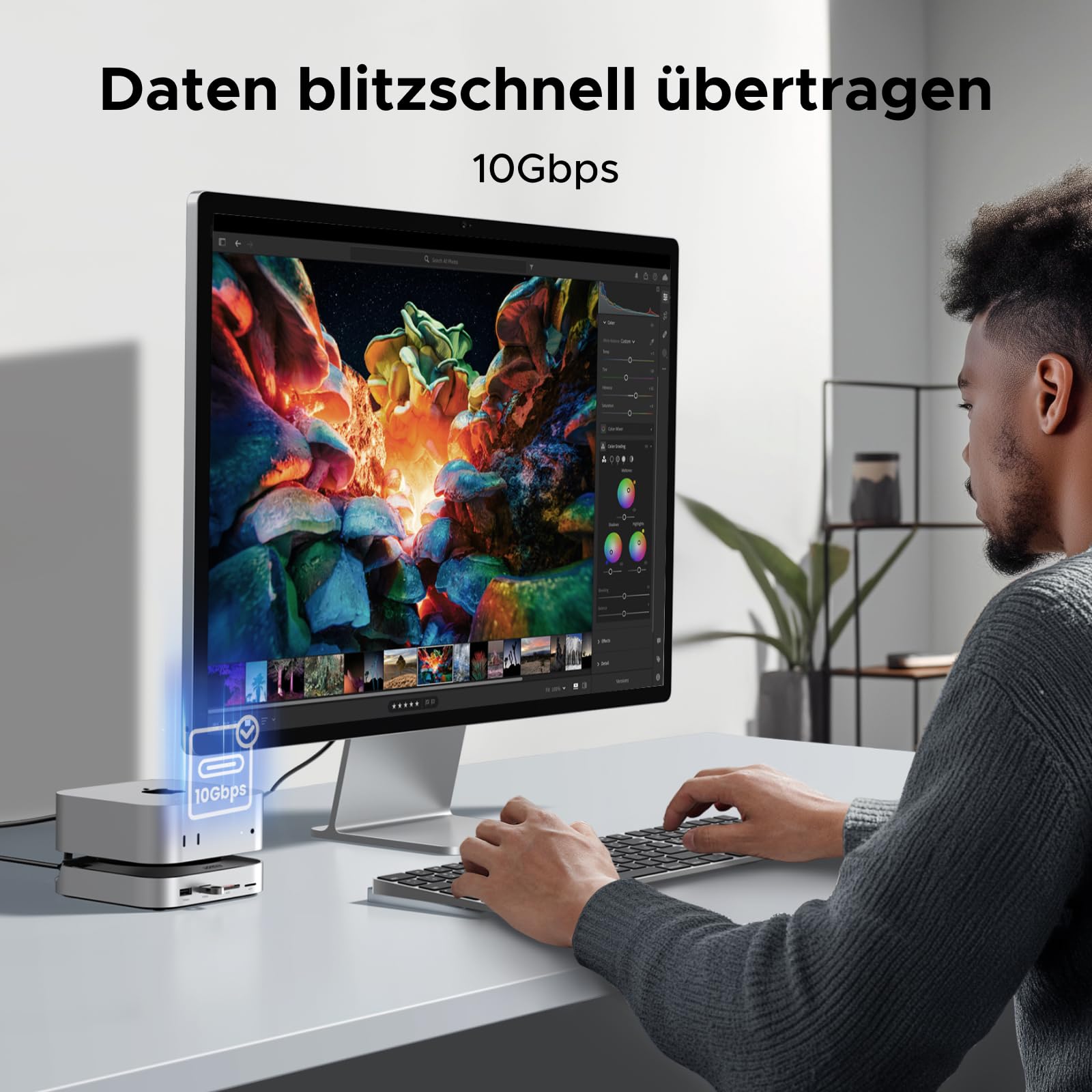 Mit Übertragungsgeschwindigkeiten von bis zu 10 Gbps ermöglicht die UGREEN Mac mini M4 Dockingstation als USB-C-Hub schnelle Datenübertragungen für kreative Workflows wie Foto- und Videobearbeitung oder große Datei-Backups.
