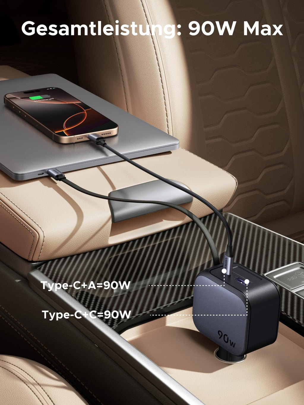 UGREEN Nexode Autoladegerät 90W mit ausziehbarem USB-C-Kabel und Dual-Port-Ausgang bietet bis zu 90W Gesamtleistung – ein leistungsstarkes Reiseladegerät für unterwegs.