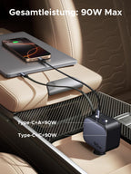 UGREEN Nexode Autoladegerät 90W mit ausziehbarem USB-C-Kabel und Dual-Port-Ausgang bietet bis zu 90W Gesamtleistung – ein leistungsstarkes Reiseladegerät für unterwegs.
