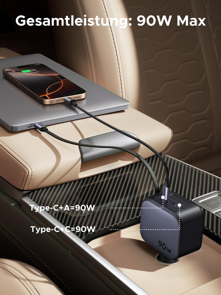 UGREEN Nexode Autoladegerät 90W mit ausziehbarem USB-C-Kabel und Dual-Port-Ausgang bietet bis zu 90W Gesamtleistung – ein leistungsstarkes Reiseladegerät für unterwegs.