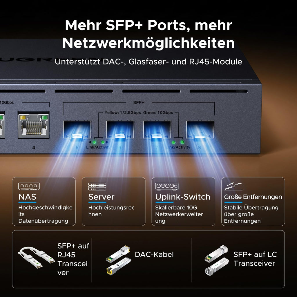 UGREEN LAN Switch mit 4X 10G RJ45+4X 10G SFP+, 10G Netzwerk Switch